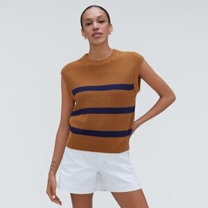 Everlane Tan and Blue Striped Crewneck Sweater Vest
